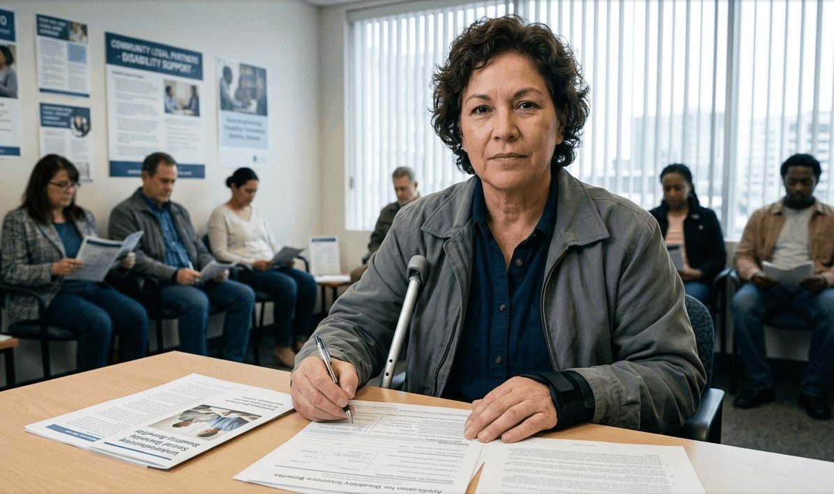 A middle-aged American woman with dark, wavy hair looks directly at the camera while completing disability paperwork, representative of Social Security Disability Prospects seeking legal guidance.