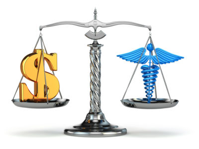 Choice health or money. Caduceus and dollar signs on scales. 3d