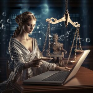 lady of justice using AI to generate personal injury leads for attorneys