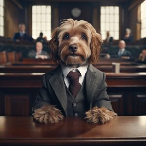 dog dressed as a car accident injury attorney