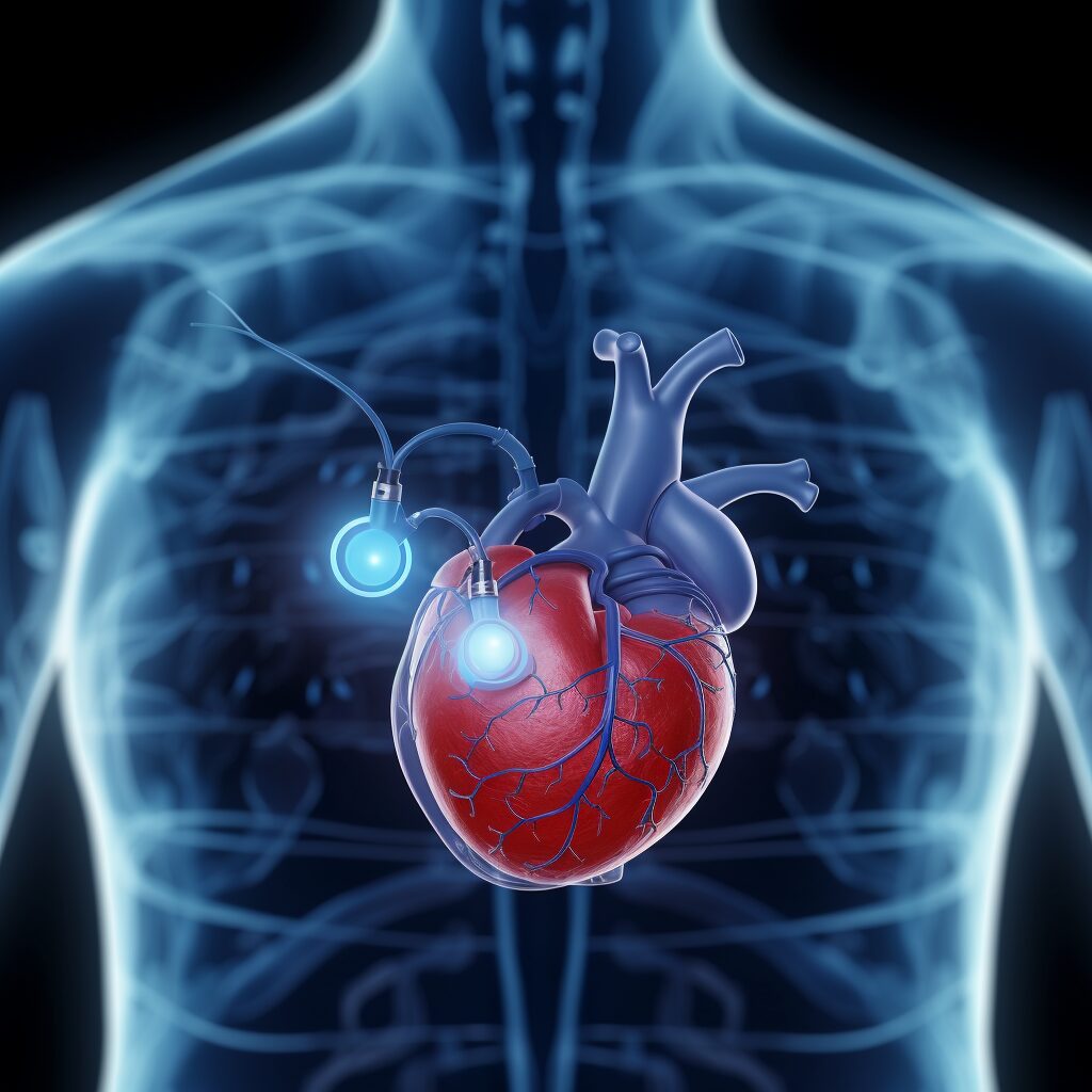 photorealistic illustration of an x-ray of a heart with a pacemaker