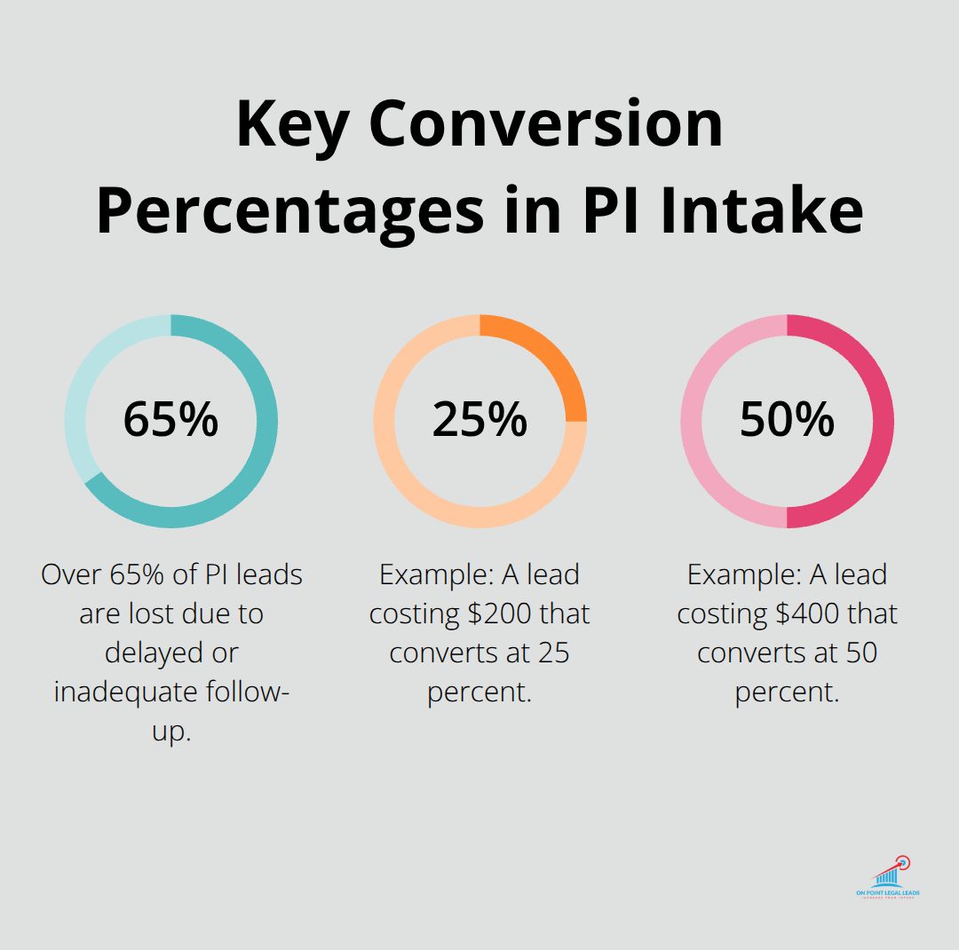 Percentages highlighting follow-up loss and example conversion rates for personal injury leads - lead quality assurance