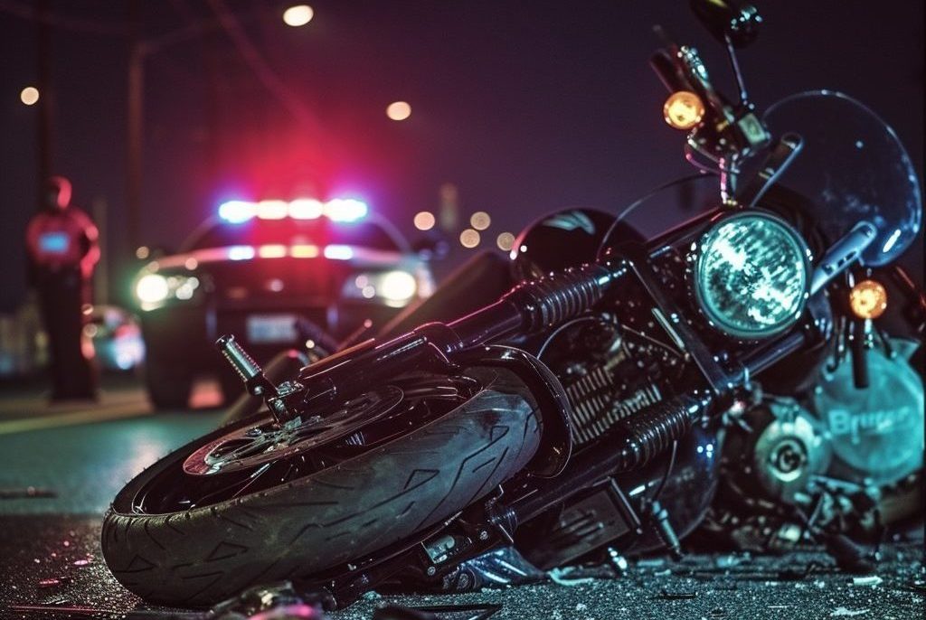 Motorcycle rider on scenic road, text "Accident?", personal injury lead generation for attorneys (motorcycle accidents).