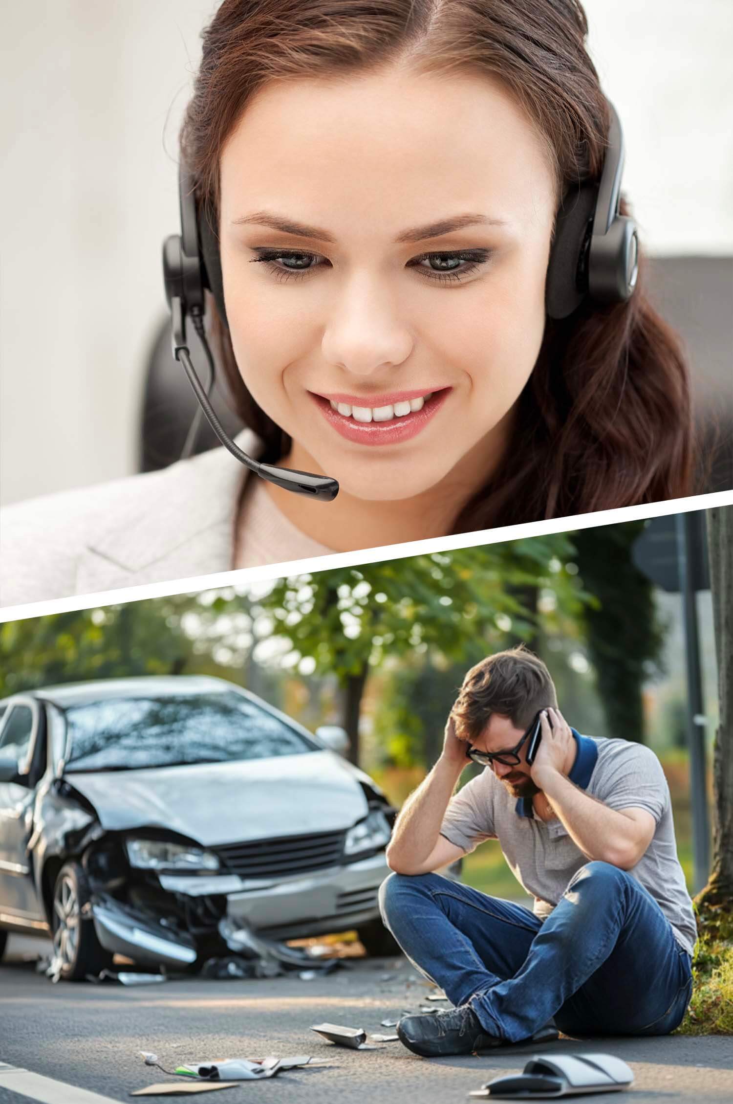 Prequalified live transfer auto accident leads - Agent assisting a car accident victim over the phone for a legal consultation.