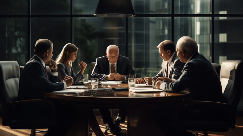 corporate executives at a conference table discussing an acquisition on medical device recall