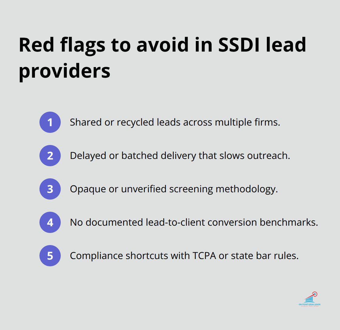 Compact list of common warning signs when evaluating SSDI lead vendors in the United States - SSDI lead generation firms