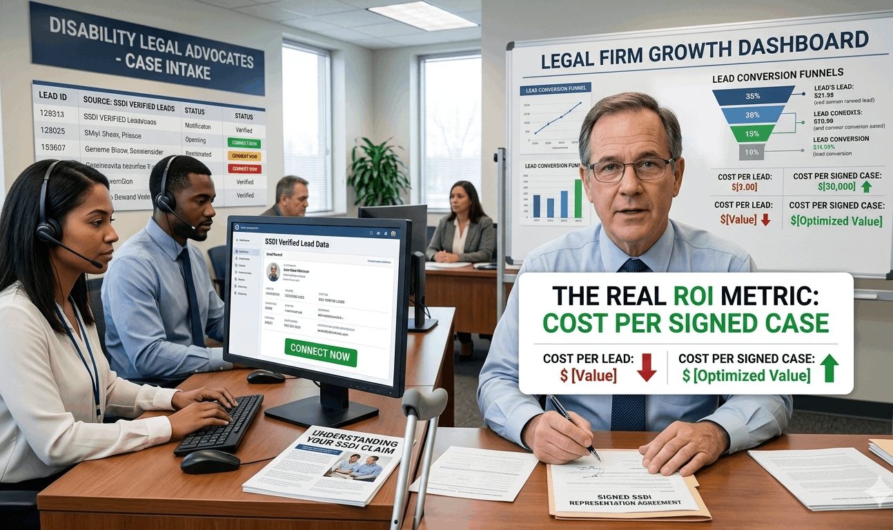 A legal office professional analyzing data on a "Legal Firm Growth Dashboard" which highlights metrics for Verified SSDI Leads and the true cost per signed case.