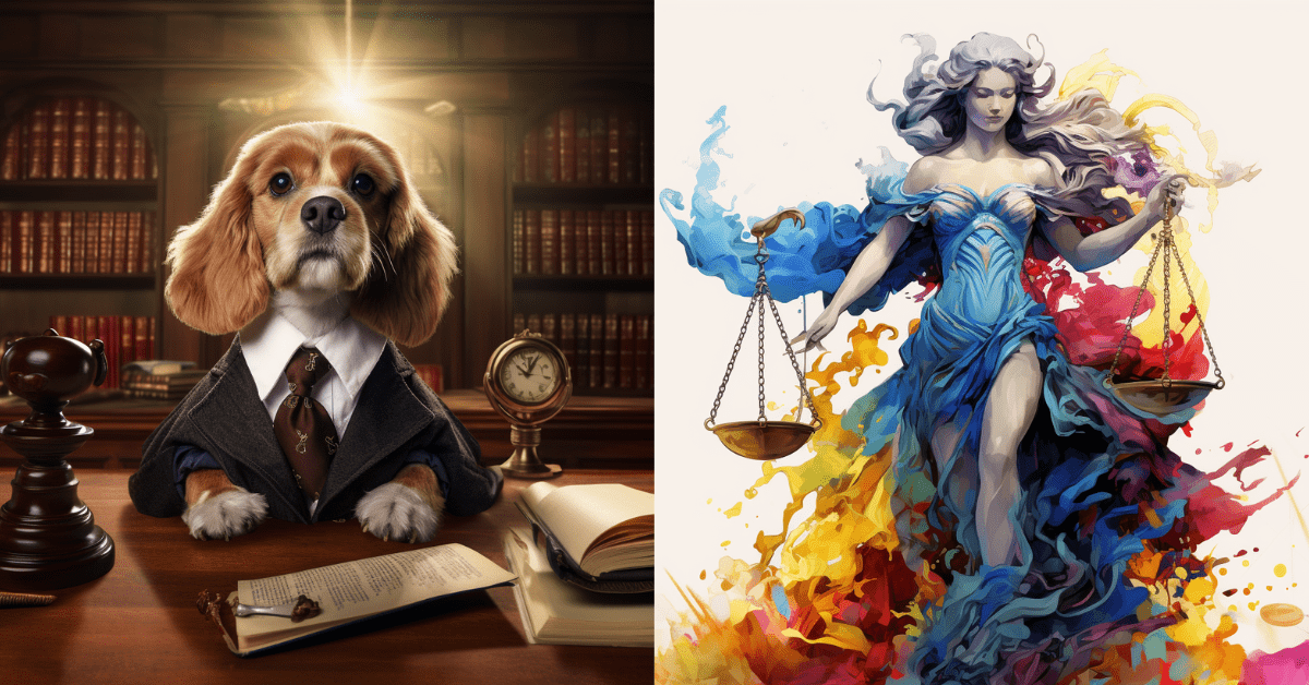 a lawyer dog, scale of justice lady