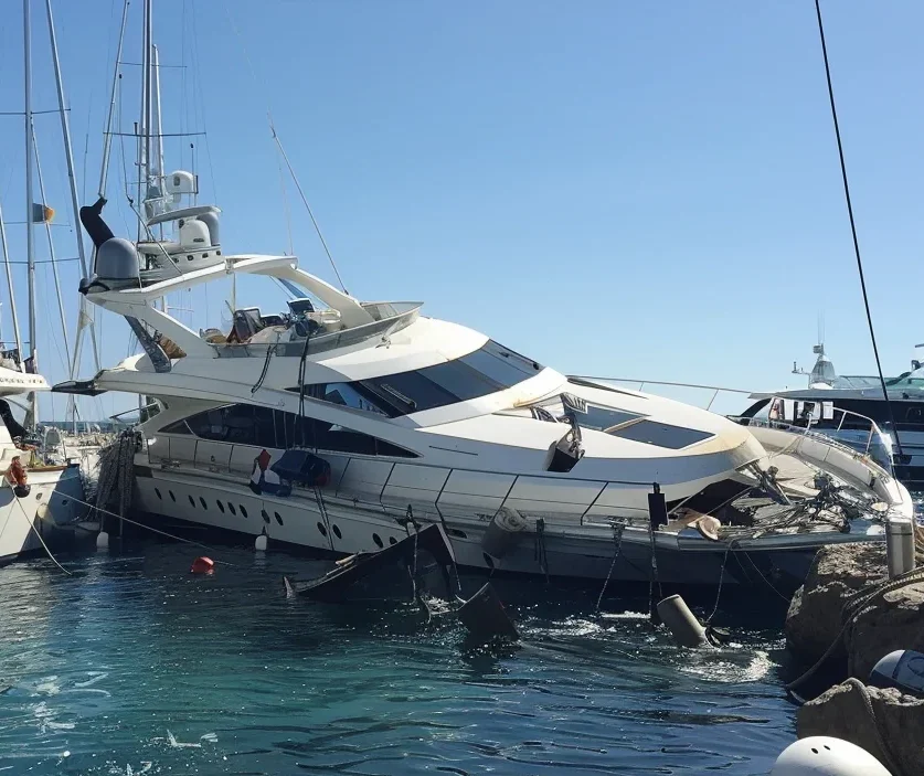 Damaged boat after accident, lawyer reviewing paperwork (Personal Injury Boating Accident Leads for Attorneys​).