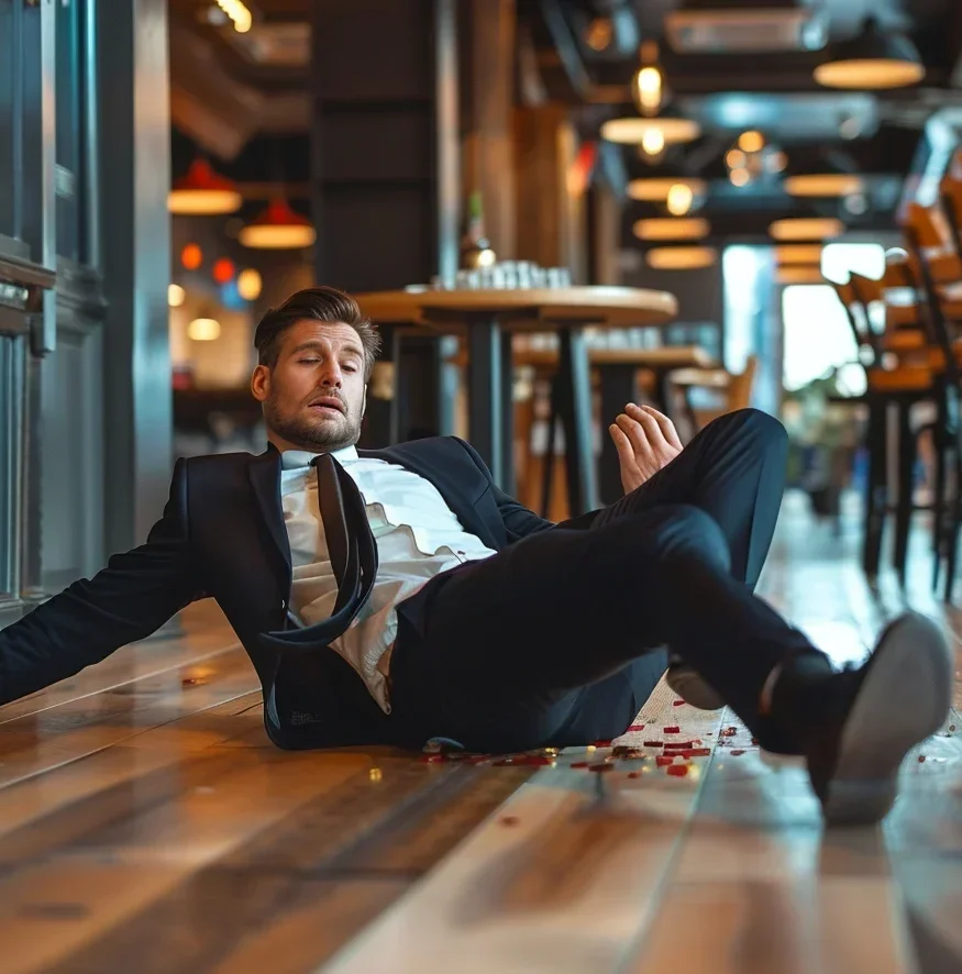 Person slipping on wet floor, lawyer consulting with client (slip and fall injury claim). Personal Injury Slip and Fall Leads Generation for Personal Injury Accident Leads
